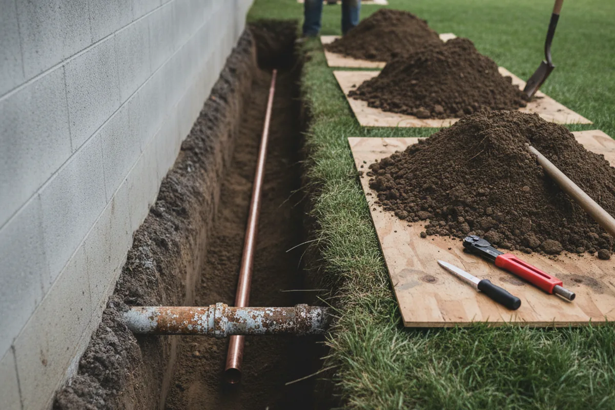 Excavated water line trench during Water Softener Installation in Coleman